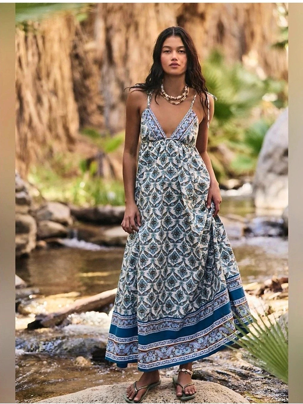 Free People Sorrento Stroll Printed Maxi Dress in Blue & White Size M, nwt💙